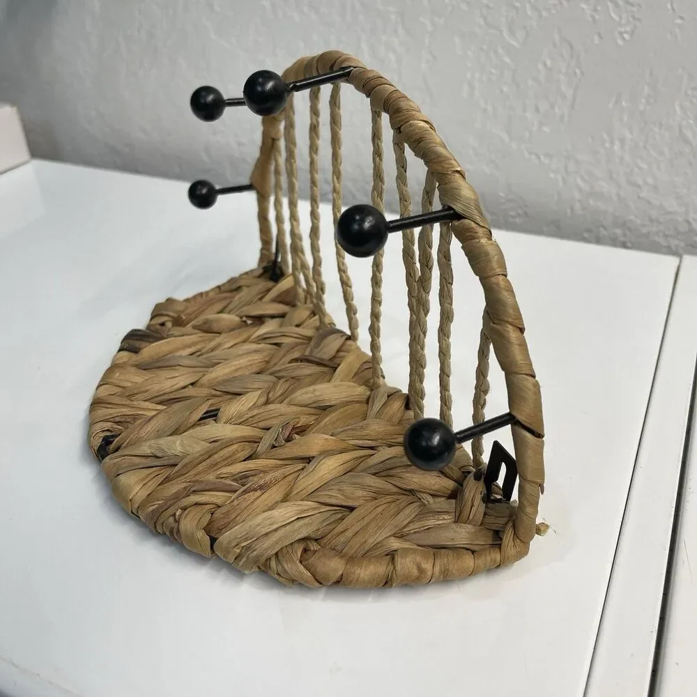 Woven Natural Water Hyacinth & Metal Wall Shelf w/ 5 Pegs, Used